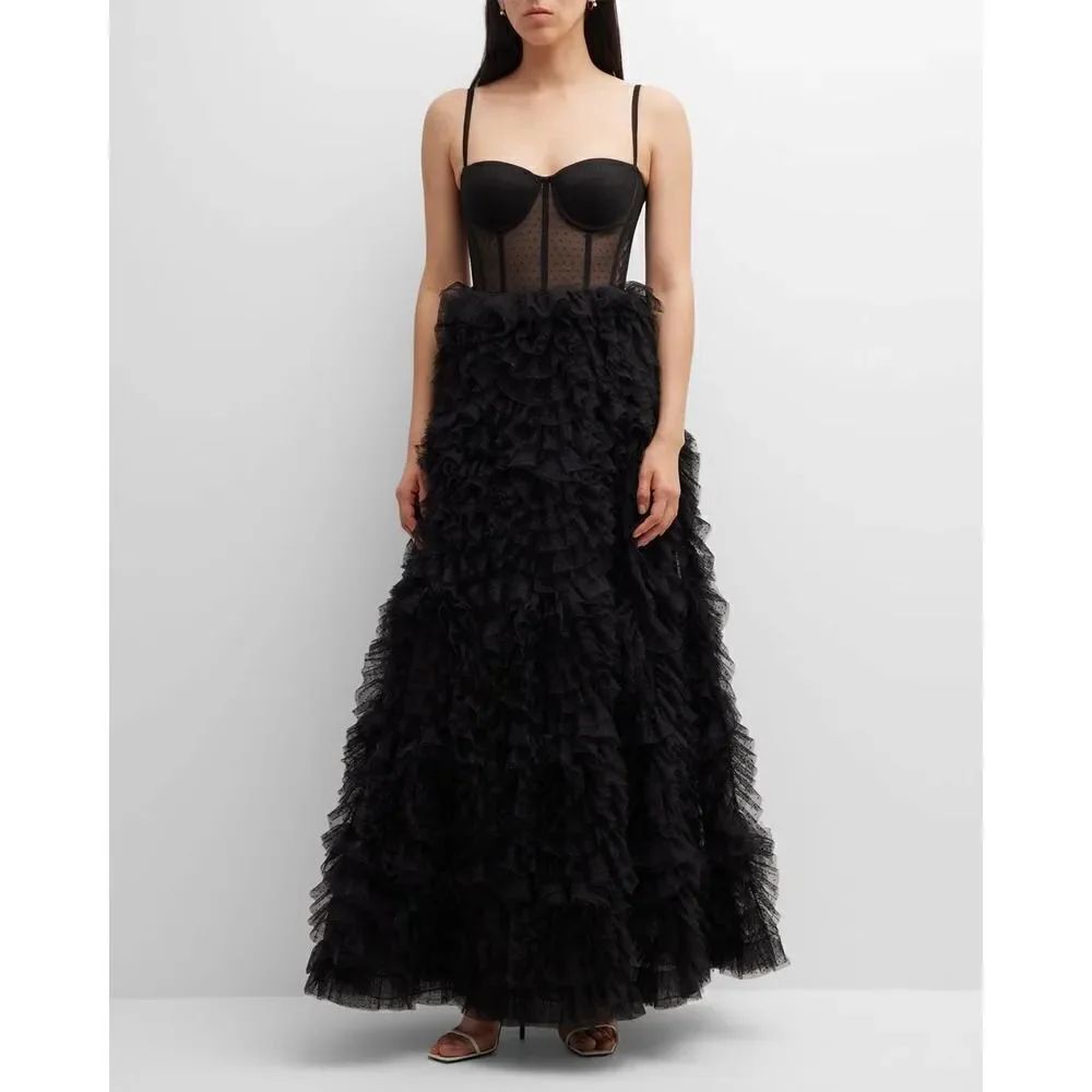 Marchesa polka dot ruffle tulle bustier gown black US4